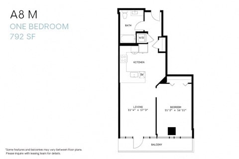 Floor plan for 1 bed, 1 bath, 792 sqft